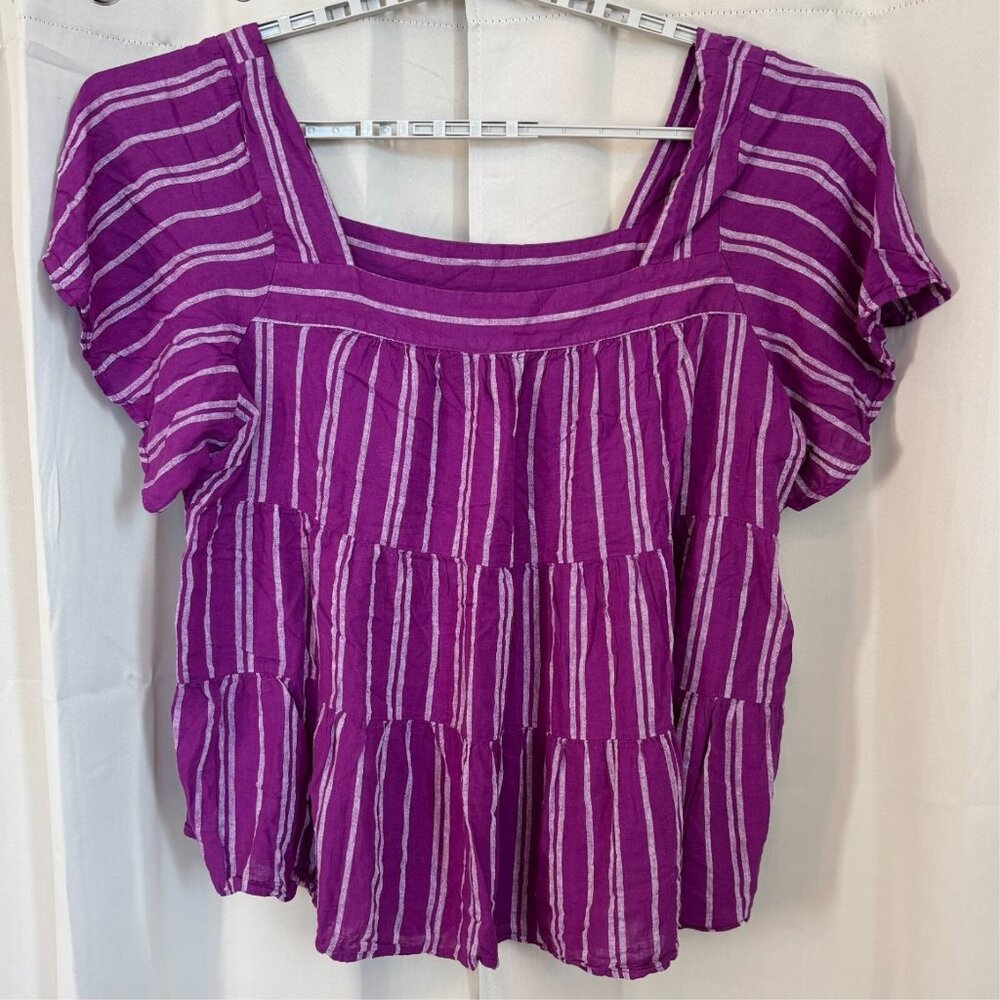 Terra Sky Womens Top Size 4X Purple Stripe Linen Rayon Tiered Boho Beach 18101x